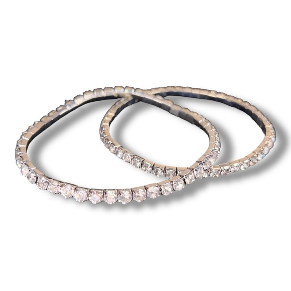 Silver Rhinestone Stretch Set Of 2 Bracelets Classic Formal Wedding Event - Picture 1 of 6